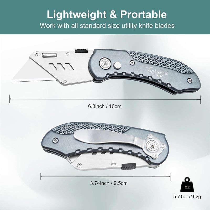 Vickay Folding Utility Knife, Box Cutter with Heavy Duty SK5 Quick Change Blades, Safety Axis Lock Design Razor Knife, Lightweight Aluminum Handle Belt Clip for Office Home Artcraft (Grey) - Image 2